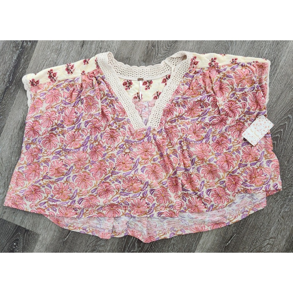 Free People Pink Floral Boho Crochet Trim V-Neck Flowy Top Women's Large